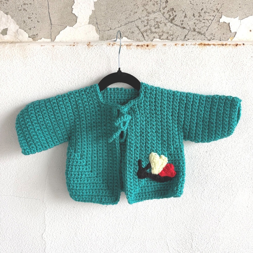 Handmade Crochet Baby Cardigan Sweater Snail Hearts Tie Front Size 6-12 Months